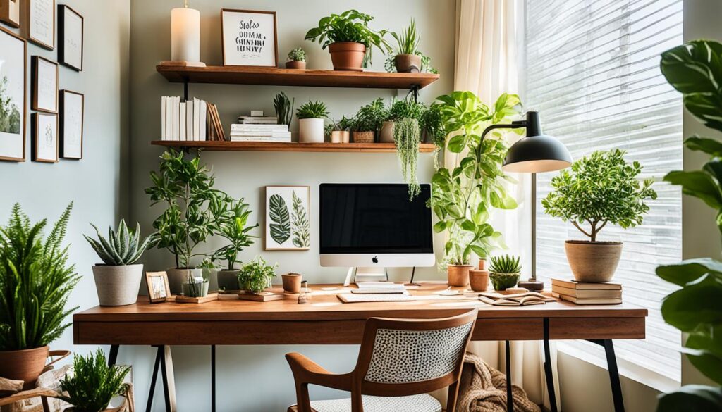 cozy indoor plants and decorative accents in a cottagecore office